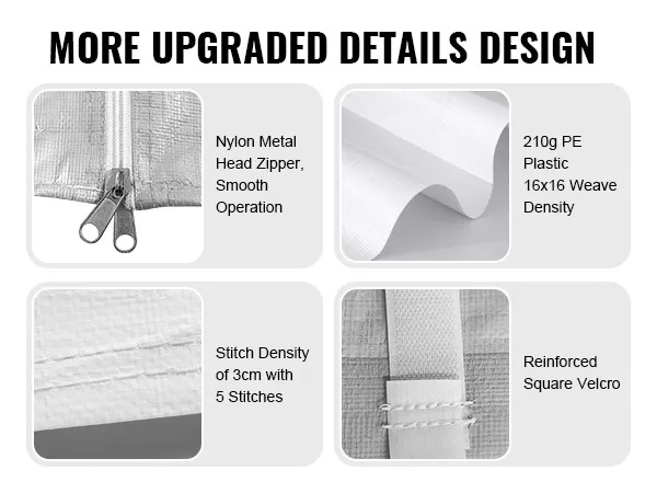 Die Carport-Überdachung von VEVOR verfügt über einen Reißverschluss mit Metallkopf aus Nylon, verdickten PE-Kunststoff, dichte Nähte und einen verstärkten Klettverschluss.