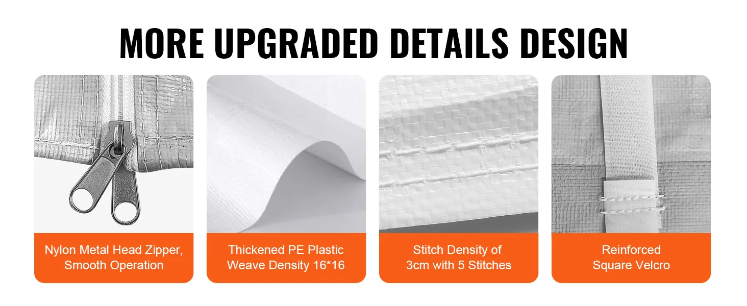 Die Carport-Überdachung von VEVOR verfügt über einen Reißverschluss mit Metallkopf aus Nylon, verdickten PE-Kunststoff, dichte Nähte und einen verstärkten Klettverschluss.