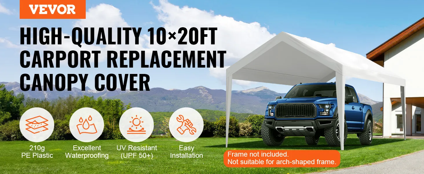 VEVOR carport overkapping: 10x20ft uv-bestendig, waterdicht, eenvoudige installatie, 210g pe-kunststof.