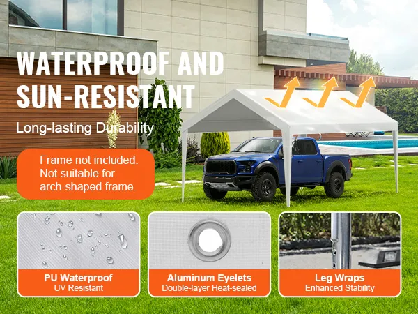 VEVOR carport overkapping met waterdichte en zonwerende eigenschappen, blauwe vrachtwagen eronder.