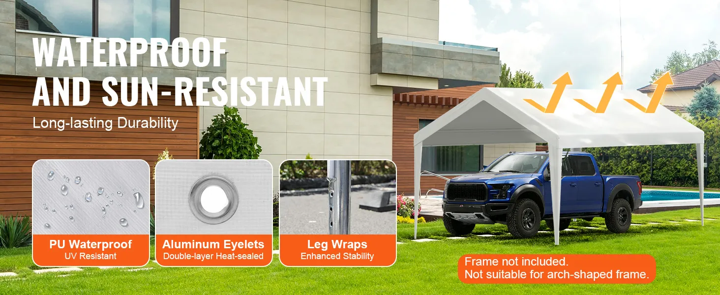 VEVOR carport overkapping met waterdichte en zonwerende eigenschappen, blauwe vrachtwagen eronder.