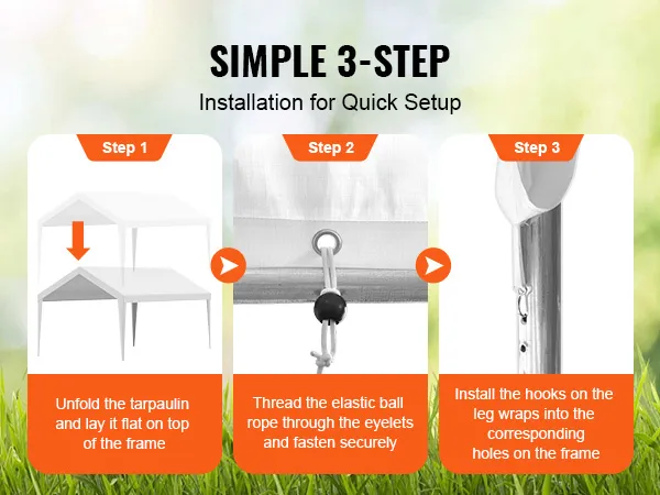 Eenvoudige installatiehandleiding voor de VEVOR carportoverkapping in 3 stappen: uitvouwen, touwen aanbrengen, haken bevestigen.