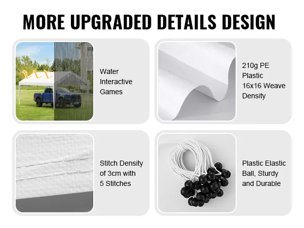 Meer verbeterde details van het VEVOR carport overkappingsdoek: zonwerend, 210g pe, steekdichtheid en kunststof elastiek.