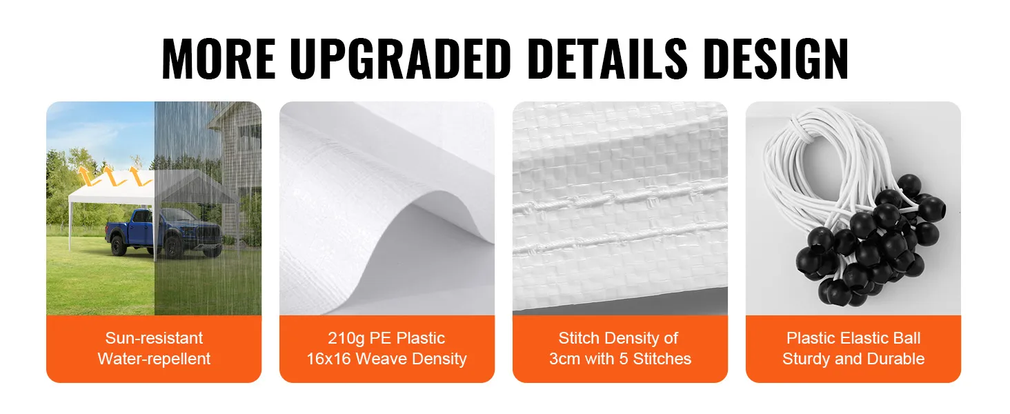 Meer verbeterde details van het VEVOR carport overkappingsdoek: zonwerend, 210g pe, steekdichtheid en kunststof elastiek.