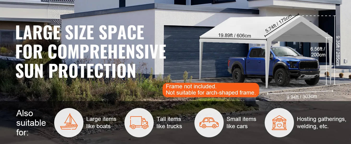 VEVOR carportoverkapping biedt een grote bescherming tegen de zon voor vrachtwagens, auto's, boten en bijeenkomsten.