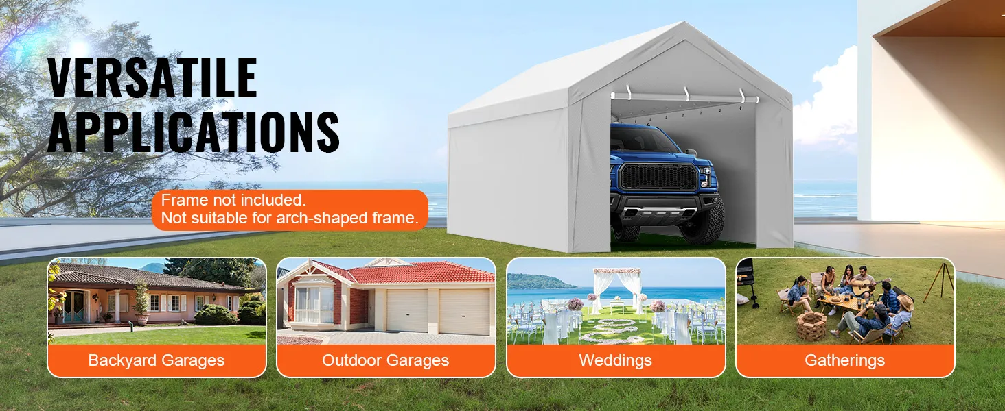 VEVOR carport canopy cover for versatile applications including garages, weddings, and gatherings.