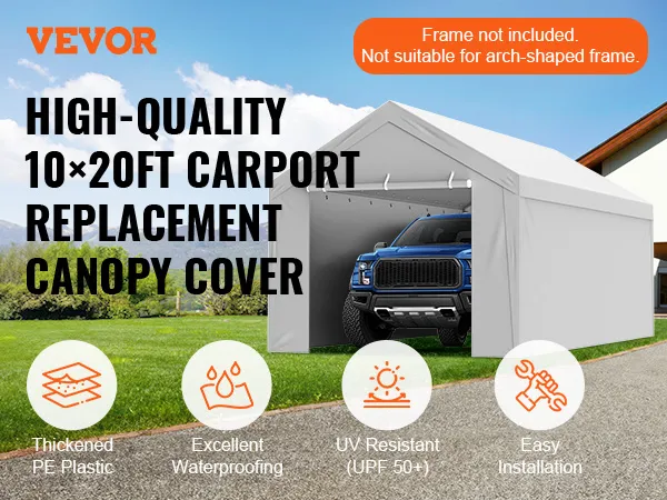 VEVOR carport canopy cover, 10x20ft, waterproof, uv-resistant, easy installation, gray with sidewalls.