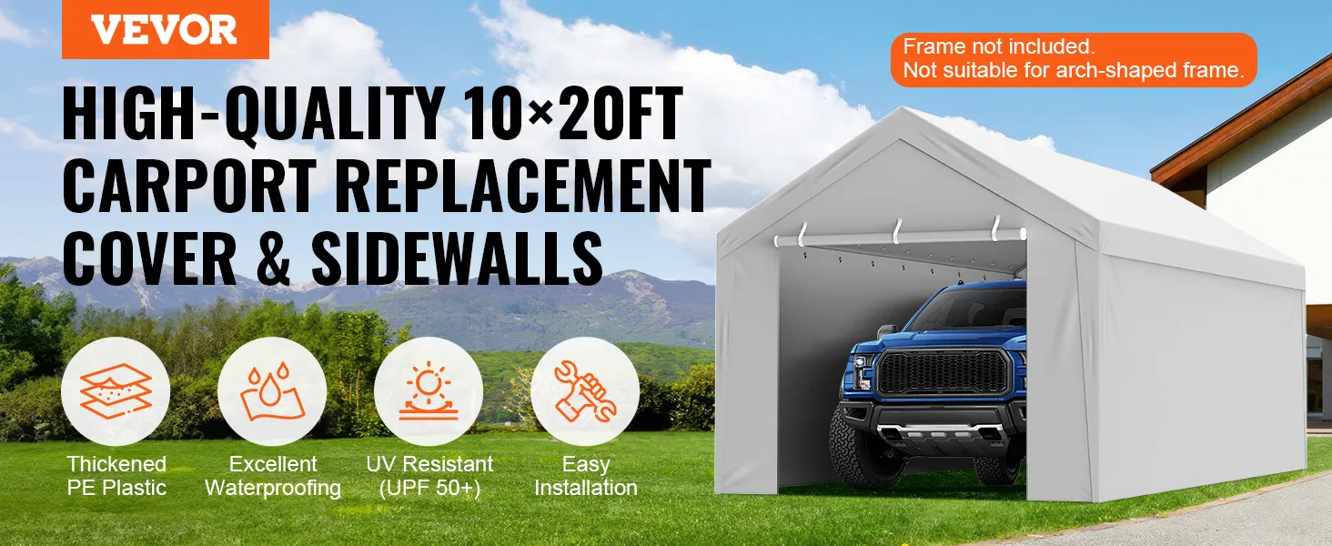 VEVOR carport canopy cover, 10x20ft, waterproof, uv-resistant, easy installation, gray with sidewalls.