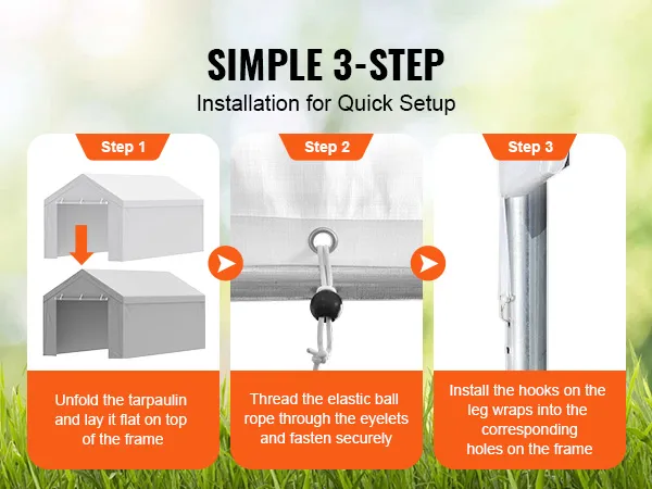 simple 3-step VEVOR carport canopy cover setup: unfold tarp, thread elastic rope, secure leg hooks.