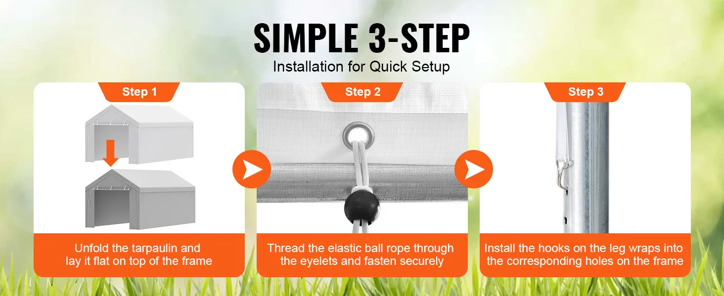 simple 3-step VEVOR carport canopy cover setup: unfold tarp, thread elastic rope, secure leg hooks.