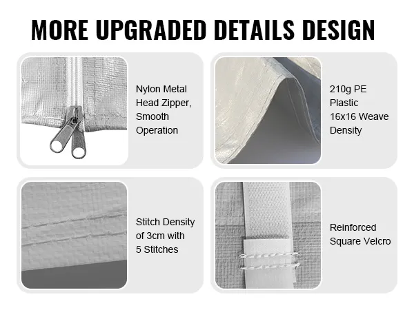 VEVOR carport canopy cover features a nylon metal zipper, thickened pe plastic, dense stitching, and reinforced velcro.