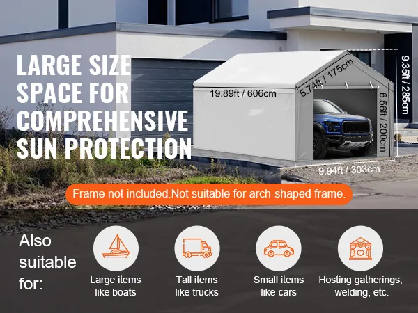 VEVOR carport canopy cover provides large space for sun protection, suitable for boats, trucks, and cars.