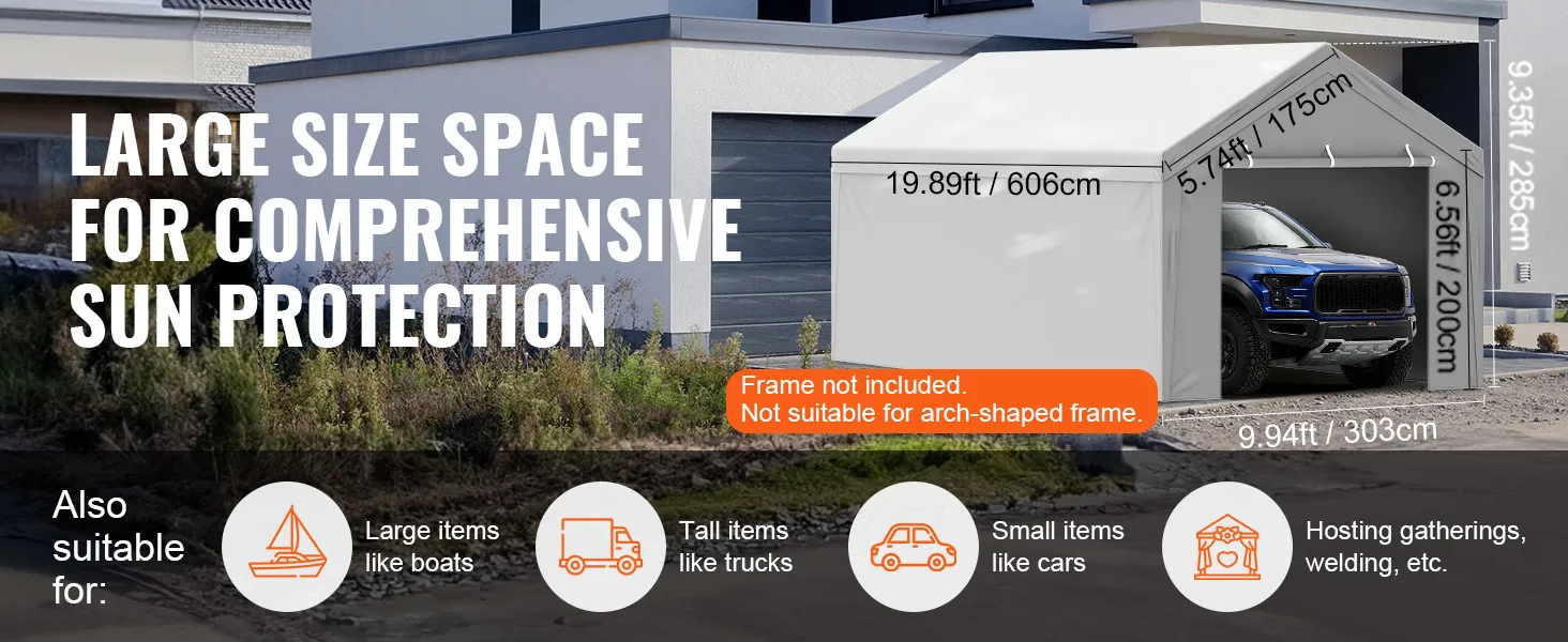 VEVOR carport canopy cover provides large space for sun protection, suitable for boats, trucks, and cars.