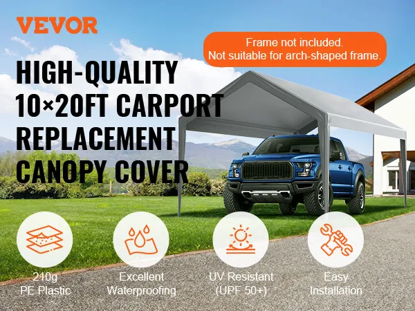 De VEVOR carport overkapping is geschikt voor een frame van 10x20ft, is uv-bestendig, waterdicht en eenvoudig te installeren.