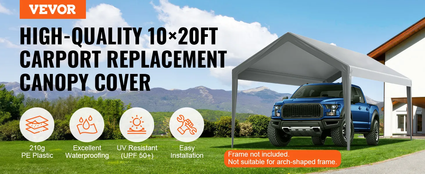 De VEVOR carport overkapping is geschikt voor een frame van 10x20ft, is uv-bestendig, waterdicht en eenvoudig te installeren.