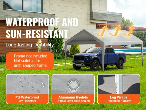 VEVOR carport overkapping biedt bescherming tegen zon en water voor een blauwe vrachtwagen bij een modern huis.