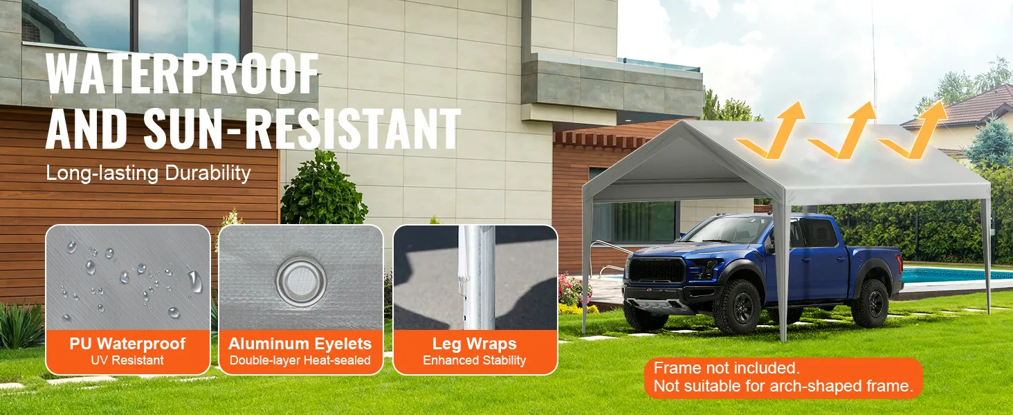 VEVOR carport overkapping biedt bescherming tegen zon en water voor een blauwe vrachtwagen bij een modern huis.