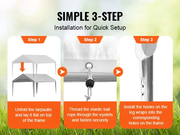 Eenvoudige installatie van de VEVOR carportoverkapping in 3 stappen: uitvouwen, touwen rijgen en haken aan het frame bevestigen.
