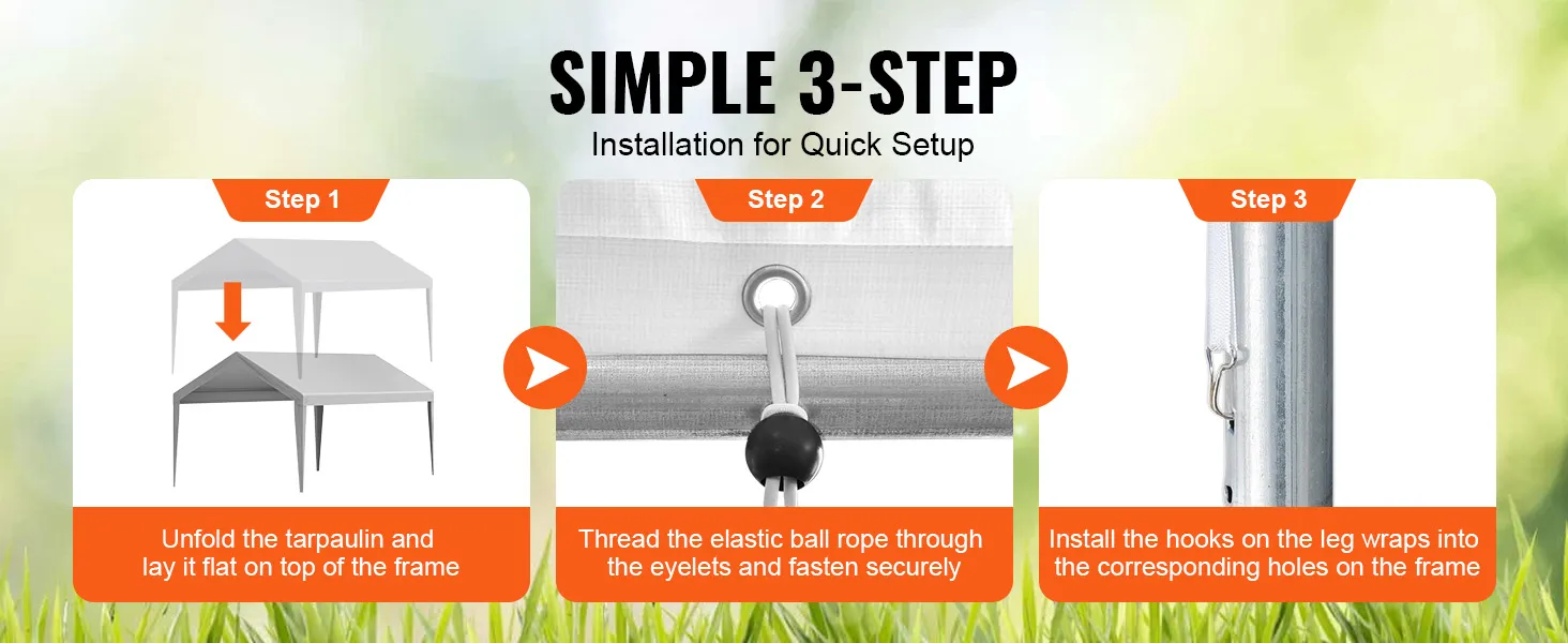 Eenvoudige installatie van de VEVOR carportoverkapping in 3 stappen: uitvouwen, touwen rijgen en haken aan het frame bevestigen.