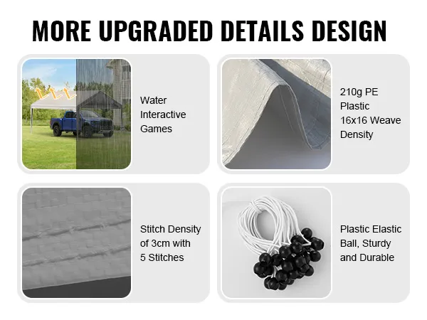 De VEVOR carportoverkapping is gemaakt van zonwerend, waterafstotend materiaal, 210g PE-kunststof, een hoge steekdichtheid en duurzame elastische ballen.