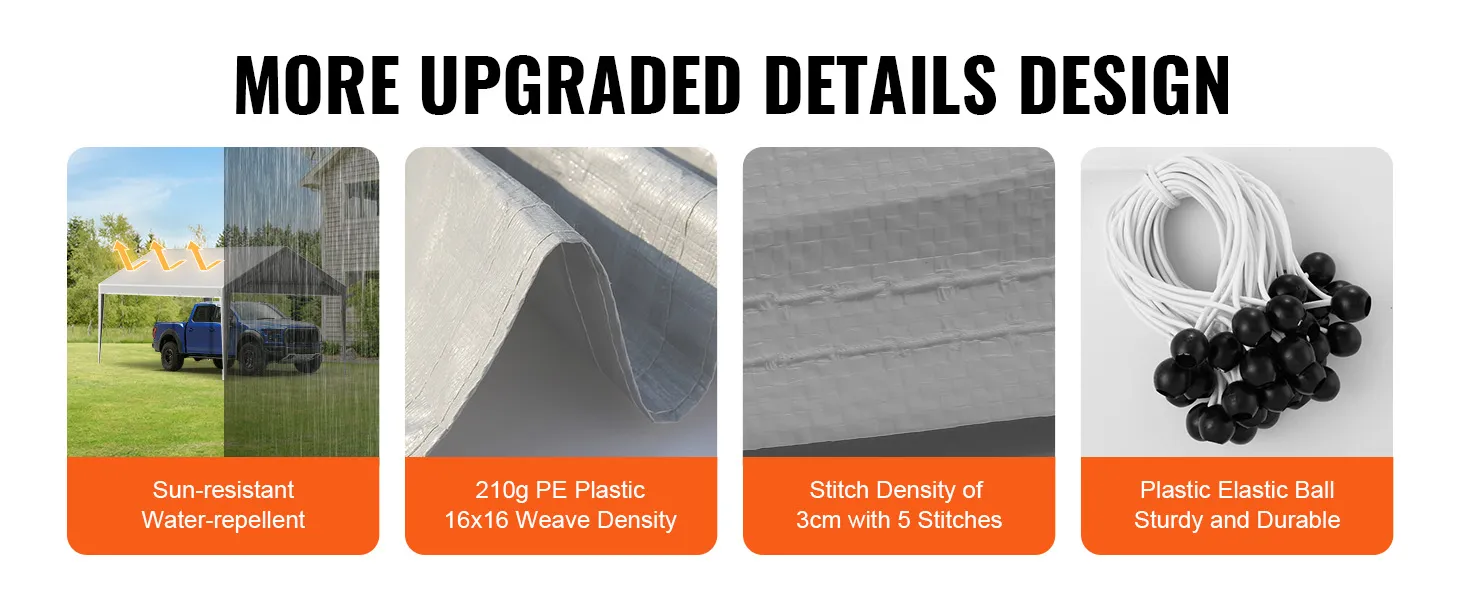 De VEVOR carportoverkapping is gemaakt van zonwerend, waterafstotend materiaal, 210g PE-kunststof, een hoge steekdichtheid en duurzame elastische ballen.
