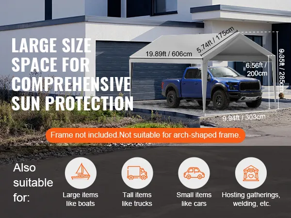 VEVOR carport overkapping biedt een grote ruimte voor volledige bescherming tegen de zon, geschikt voor vrachtwagens.