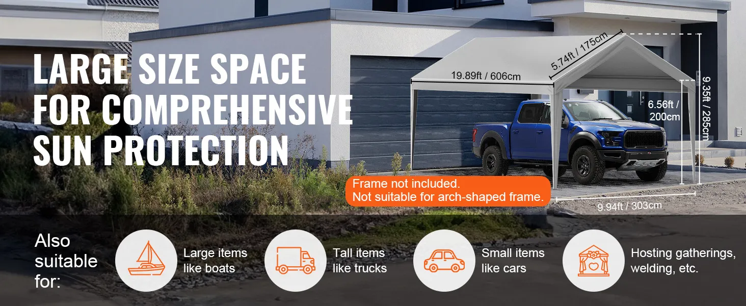 VEVOR carport overkapping biedt een grote ruimte voor volledige bescherming tegen de zon, geschikt voor vrachtwagens.