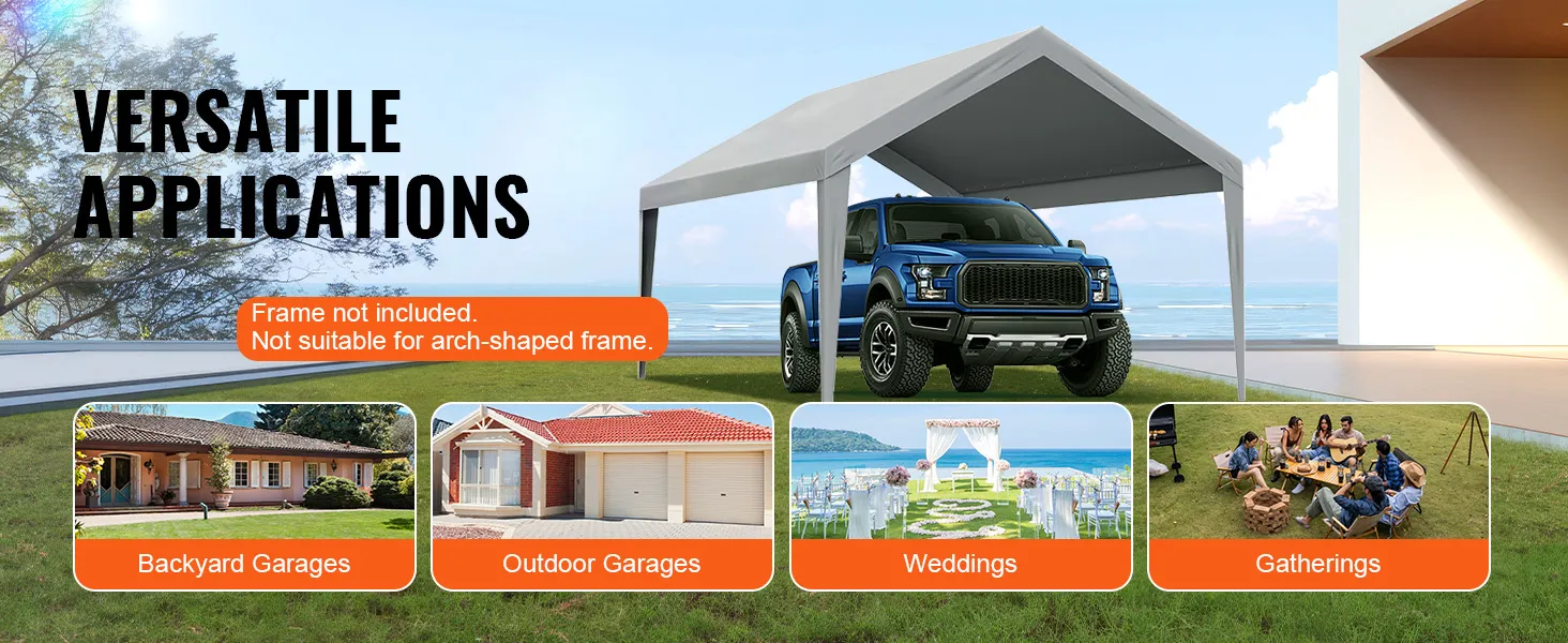 VEVOR carport canopy for versatile applications; backyard garages, outdoor garages, weddings, gatherings.