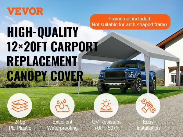 VEVOR carport canopy, 12x20 ft high-quality replacement cover, excellent waterproofing, easy install.