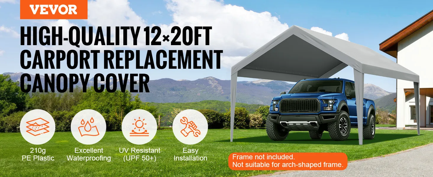 VEVOR carport canopy, 12x20 ft high-quality replacement cover, excellent waterproofing, easy install.