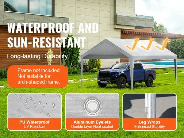 waterproof and sun-resistant VEVOR carport canopy with pu waterproof, aluminum eyelets, and leg wraps.