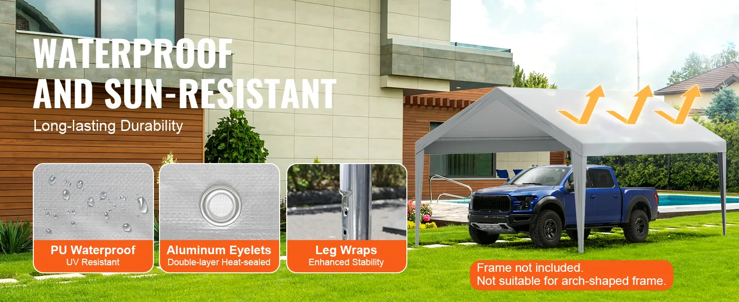 waterproof and sun-resistant VEVOR carport canopy with pu waterproof, aluminum eyelets, and leg wraps.