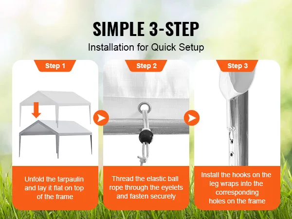 simple 3-step setup for the VEVOR carport canopy: unfold tarp, thread rope, secure hooks.