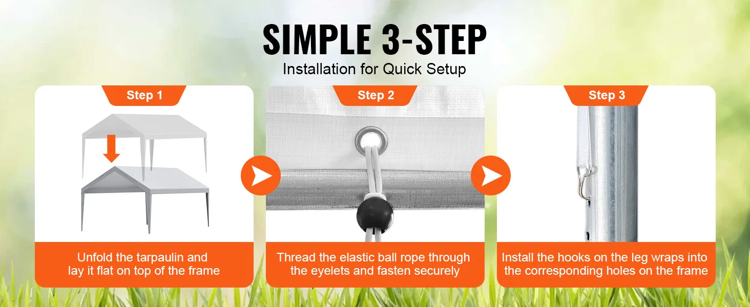 simple 3-step setup for the VEVOR carport canopy: unfold tarp, thread rope, secure hooks.