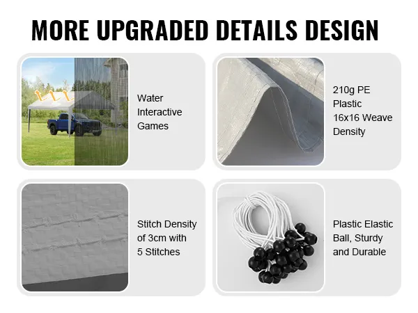 VEVOR carport canopy with sun-resistant, water-repellent cloth, 210g pe plastic, and durable elastic balls.