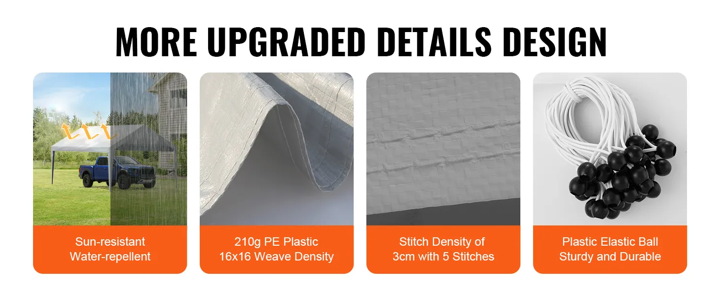 VEVOR carport canopy with sun-resistant, water-repellent cloth, 210g pe plastic, and durable elastic balls.
