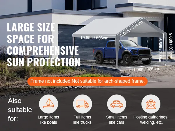 VEVOR carport canopy 20ft x 12ft for large items like boats, trucks, and cars. ideal for gatherings.