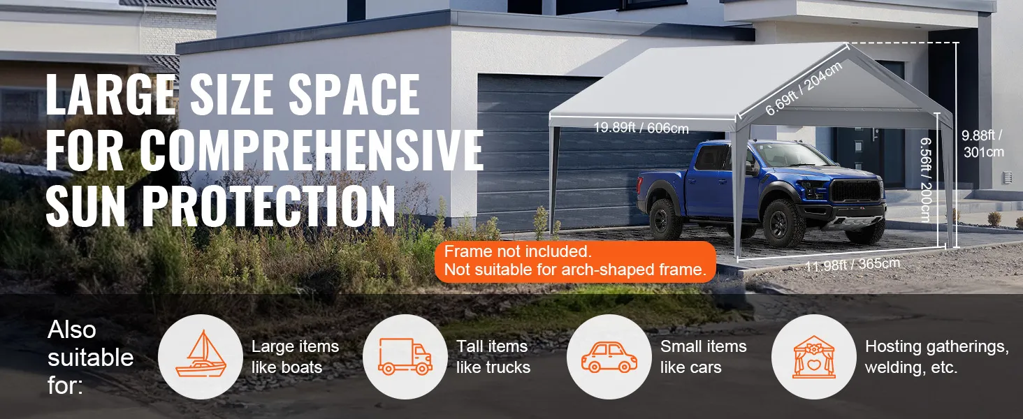 VEVOR carport canopy 20ft x 12ft for large items like boats, trucks, and cars. ideal for gatherings.