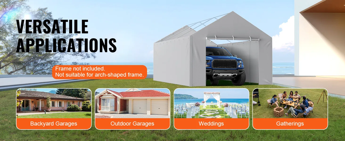 VEVOR carport canopy cover in a backyard by the sea, used for garages, weddings, and gatherings.