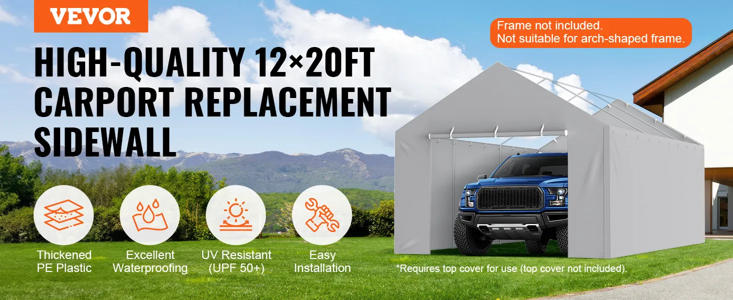 VEVOR carport canopy cover for high-quality 12x20ft carport replacement sidewall with easy installation.
