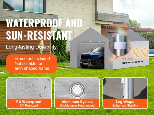 waterproof and sun-resistant VEVOR carport canopy cover with pu waterproof material and aluminum eyelets.