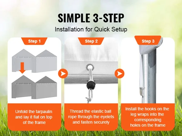 simple 3-step VEVOR carport canopy cover installation guide with visuals: unfold, thread, secure.