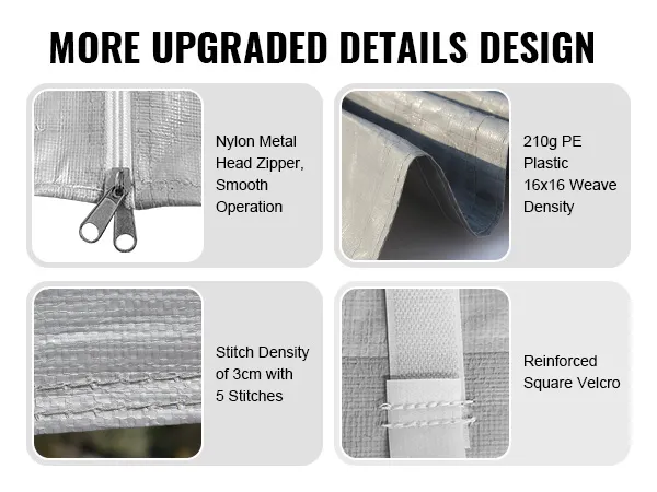 nylon zipper, thickened pe plastic, 5-stitch density, reinforced velcro on VEVOR carport canopy cover.