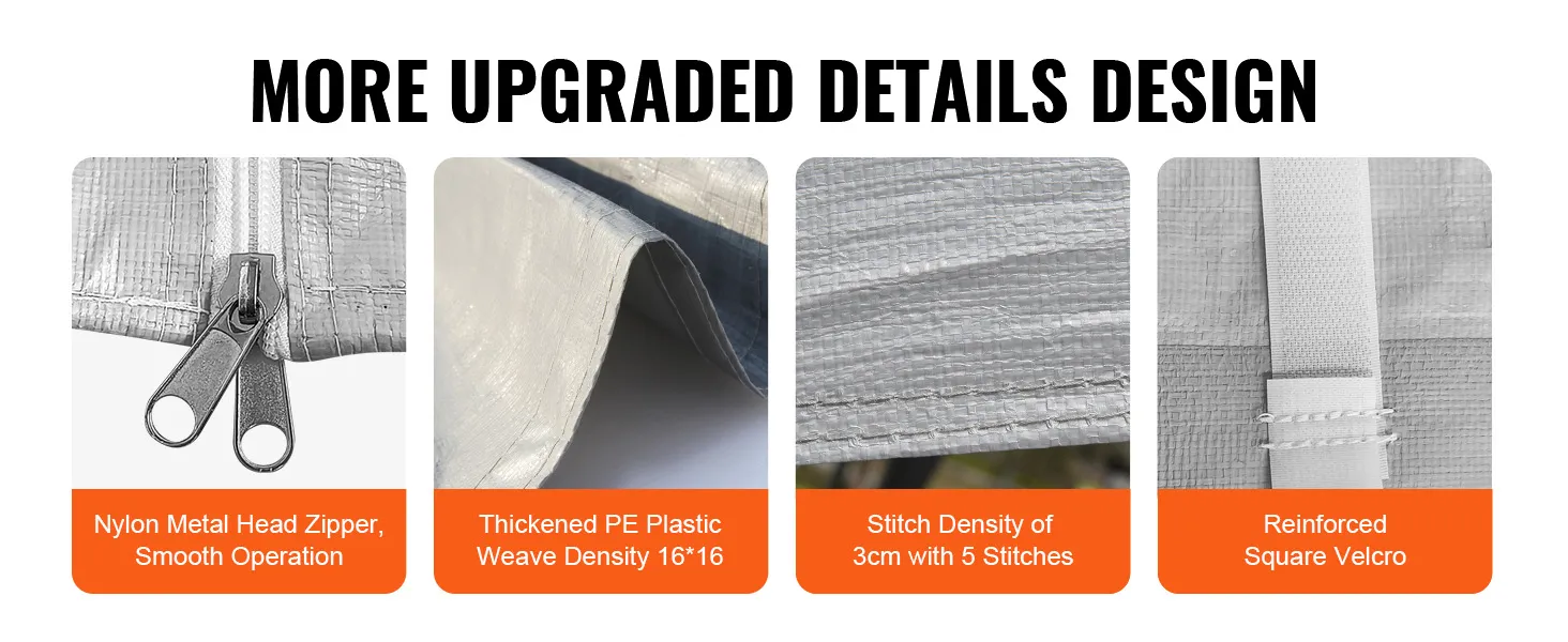 nylon zipper, thickened pe plastic, 5-stitch density, reinforced velcro on VEVOR carport canopy cover.