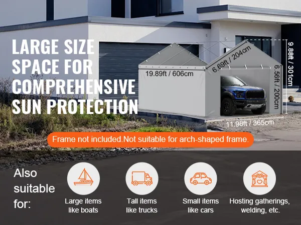 large grey VEVOR carport canopy cover with suv parked, offering comprehensive sun protection.