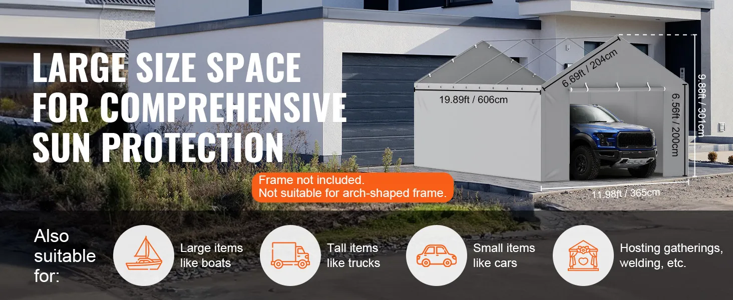 large grey VEVOR carport canopy cover with suv parked, offering comprehensive sun protection.