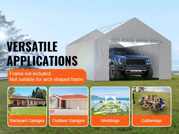 VEVOR carport canopy cover for versatile applications: backyard garages, outdoor garages, weddings, gatherings.