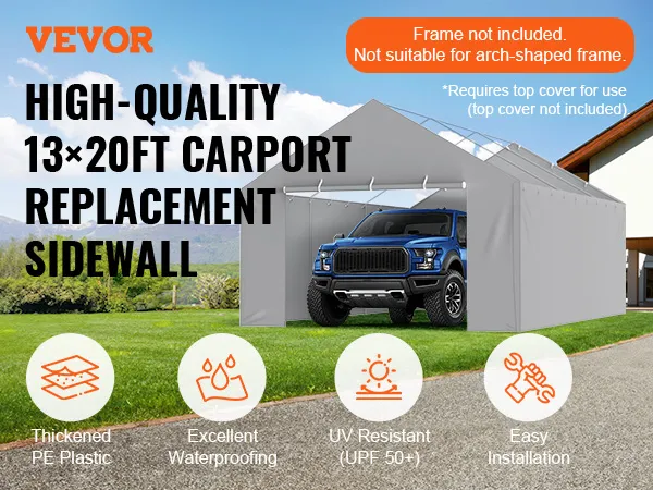 VEVOR carport canopy cover, 13×20ft sidewall, thickened pe plastic, waterproof, uv resistant, easy install.