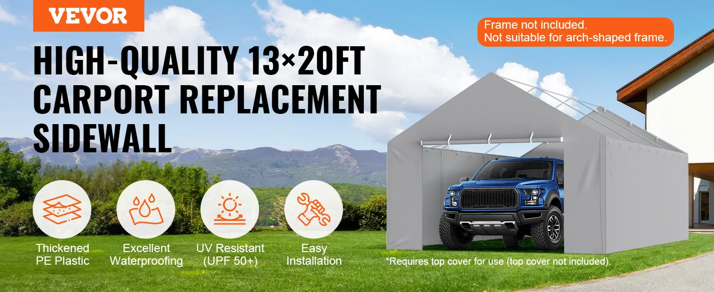 VEVOR carport canopy cover, 13×20ft sidewall, thickened pe plastic, waterproof, uv resistant, easy install.