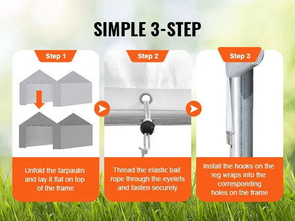 simple 3-step guide to install VEVOR carport canopy cover: secure tarp, thread rope, hook wraps.